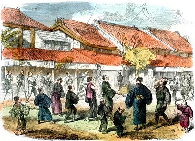 Japanisches Federballspiel auf den Straßen von Yokohama, 1865 von Unbekannt