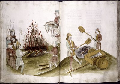 Johannes Hus wird am 6. Juli 1415 auf dem Scheiterhaufen verbrannt und seine Asche in den Rhein geworfen aus: Ulrich Richental Chronik des Konzils, 1414-1418 von Unbekannt
