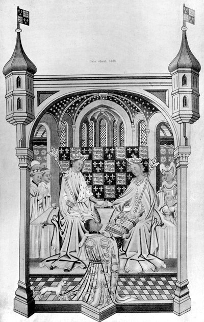 John Talbot, Earl of Shrewsbury, überreicht Margaret von Anjou ein Buch, ca. 1445, 1910 von Unbekannt