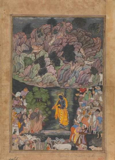 Krishna hält den Berg Govardhan hoch, um die Dorfbewohner von Braj zu schützen, Folio von..., ca. 1590-95 von Unbekannt