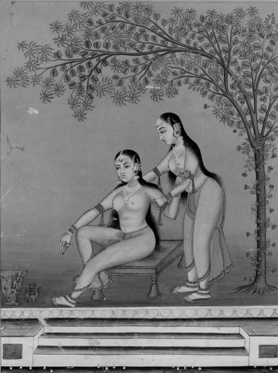 Dame bei ihrer Toilette mit Dienerin auf einer Terrasse, ca. 1800 von Unbekannt