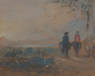 Landschaft mit See und zwei reitenden Figuren, ca. 1820 von Unbekannt
