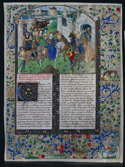 Blatt aus Jehan de Courcys Chronique Universelle: König Priamos trifft Helena und Paris..., ca. 1470 von Unbekannt