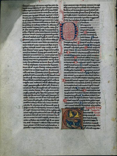 Blatt aus einer Bibel: Initiale E: Verschlungene Löwen und Schlangen 1 von 2 ausgeschnittenen Blättern, ca. 1225-50 von Unbekannt
