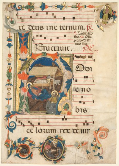 Blatt aus einem Antiphonar mit historisierter Initiale H mit der Geburt Christi recto und Musik verso von Unbekannt