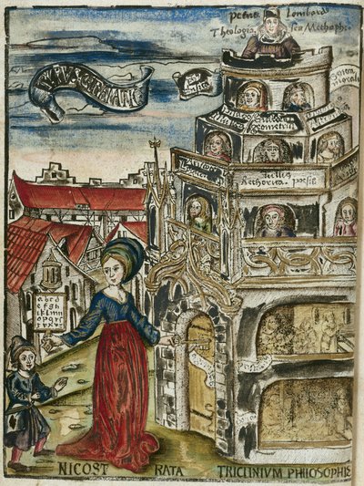 Die freien Künste, die Grammatik: Nicostrata (genannt Carmenta), hält ein Hornbuch, Lehrbuch (hier ein Alphabetbuch) und einen Schlüssel, der die Tür des Lernens für ein Kind öffnet von Unbekannt