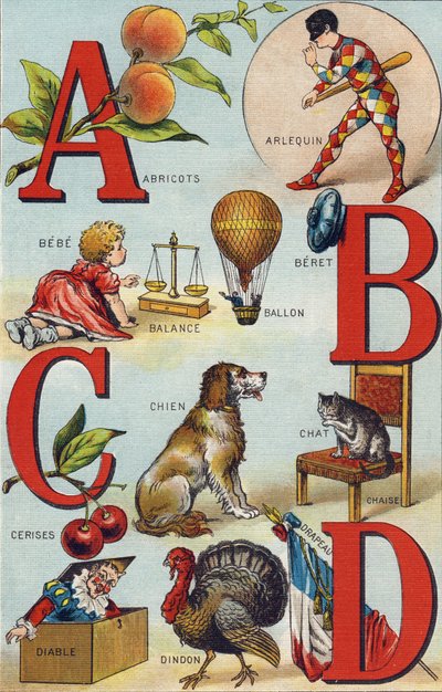 Buchstaben A B C D; Aprikosen; Harlekin; Waage; Ballon; Bebe; Kirschen; Katze Stuhl; Hund; Decke; Teufel; Truthahn; Flagge. Gravur in "Alphabet de ma petite fille". Bernardin-Bechet und Fils, Buchhändler-Verleger, Paris, um 1895. Unzerbrechliches Album auf von Unbekannt