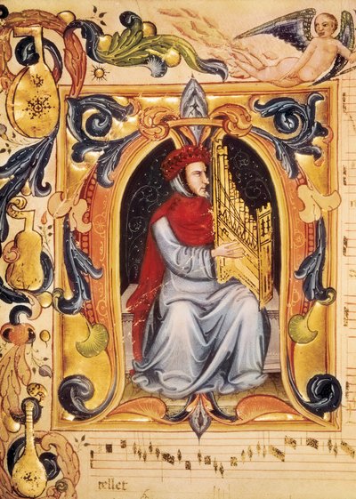 Lettrine mit einem Mann und einer Orgel, Beginn einer Partitur aus dem Codex Squarcialupi von Unbekannt