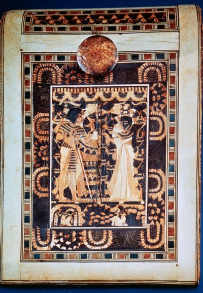 Deckel einer Truhe, die Tutanchamun und seine Frau Ankhesenamun in einem Garten zeigt, 14. Jahrhundert v. Chr. von Unbekannt