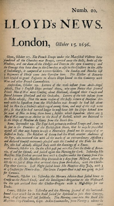Lloyds Nachrichten. London, 15. Oktober 1696 - Nummer 20, 1928 von Unbekannt