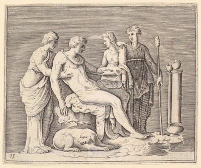 Mann von drei Frauen betreut, veröffentlicht ca. 1599-1622 von Unbekannt