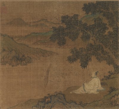 Mann auf einem Hügel unter einem Baum mit Blick auf einen Fluss, Ming-Dynastie von Unbekannt