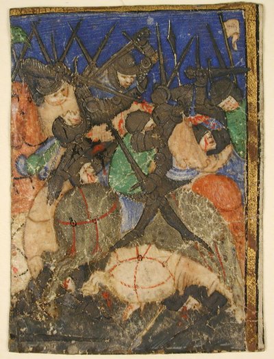 Manuskript-Ausschnitt zeigt eine Szene aus der hebräischen Schrift, vielleicht das Leben von König David, ca. 1400 von Unbekannt