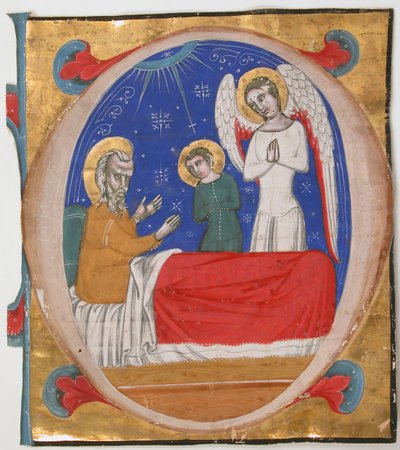 Manuskript-Illumination mit Tobit, Tobias und dem Erzengel Raphael in einem Initial O von Unbekannt