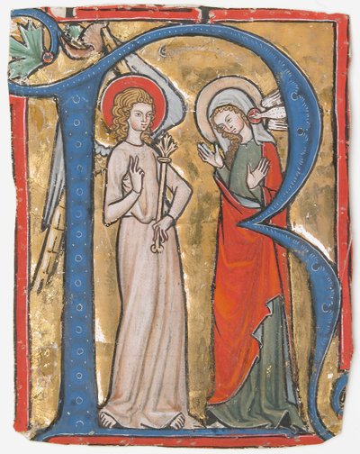 Manuskriptillumination mit der Verkündigung in einem Initial R, aus einem Graduale von Unbekannt