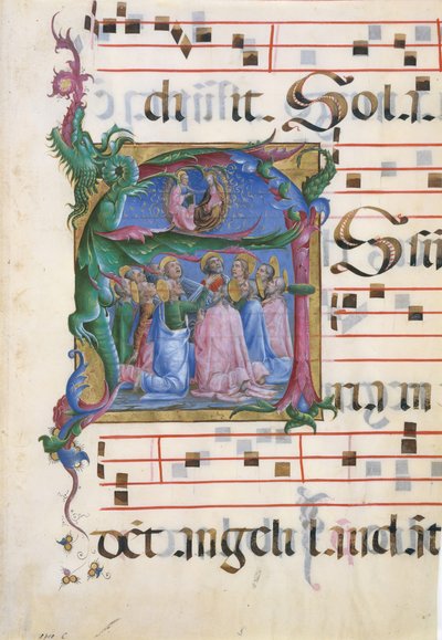 Manuskript-Illumination mit der Himmelfahrt der Jungfrau Maria in einem Initial A, Italienisch, 1450-60 von Unbekannt