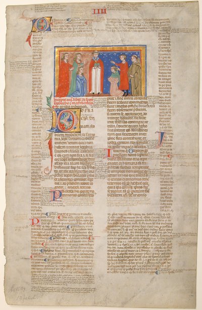 Manuskriptblatt mit Hochzeitsszene, aus den Dekretalen von Gregor IX., italienisch, ca. 1300 von Unbekannt