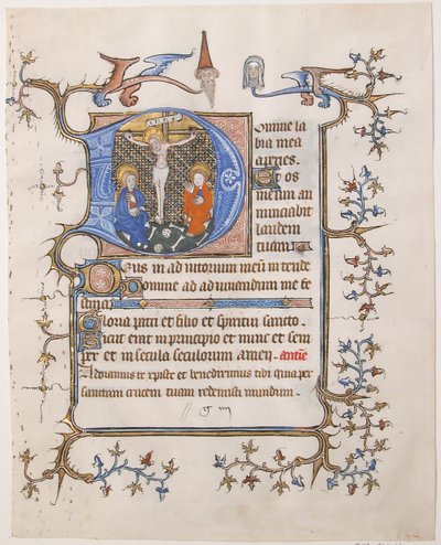 Manuskriptblatt mit der Kreuzigung in einer Initiale D, aus einem Stundenbuch, ca. 1350 von Unbekannt