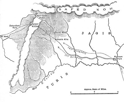 Karte, die den Marsch von General Roberts nach Peiwar Kotal vom 28. November bis 1. Dezember 1878 zeigt, ca. 1880 von Unbekannt