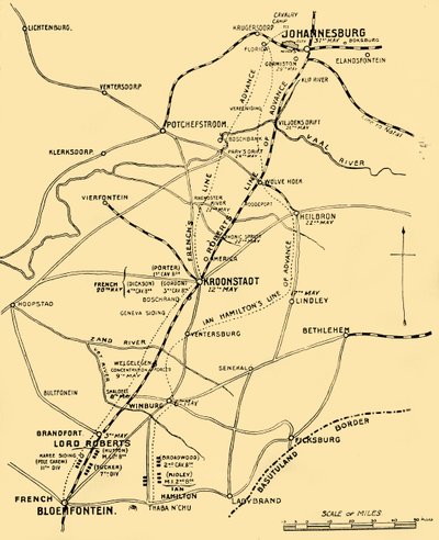 Karte mit den Vormarschlinien von Bloemfontein nach Pretoria, 1901 von Unbekannt