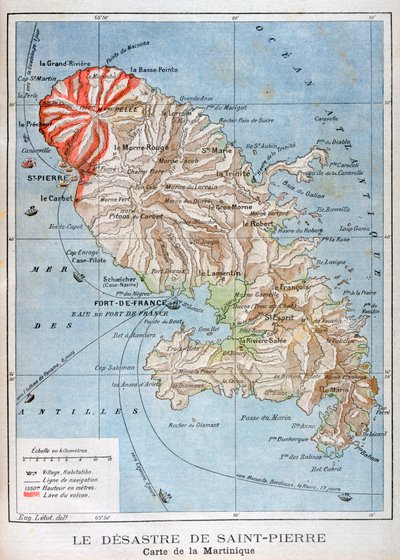 Karte, die den Ausbruch des Mount Pelée, Martinique, 1902 zeigt von Unbekannt