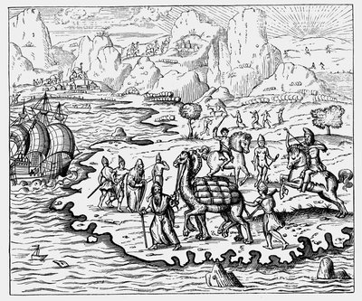 Händler transportieren Waren zur Küste und zu einem wartenden Schiff per Kamel, 1575 von Unbekannt
