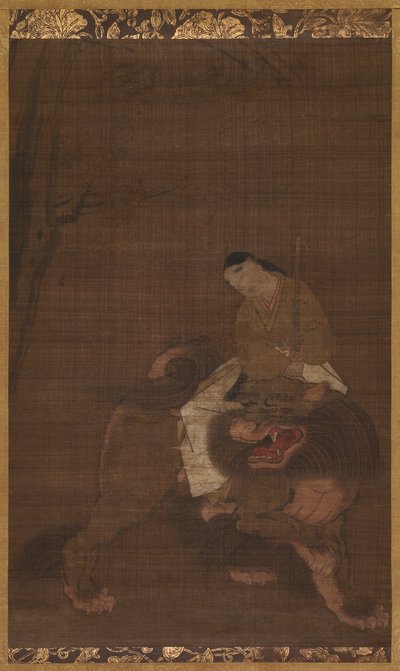 Monju als Kind auf einem Löwen reitend, 1392-1573 von Unbekannt