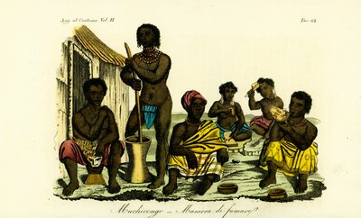 Muchicongo-Männer und viele Frauen vor einer Hütte, Angola von Unbekannt