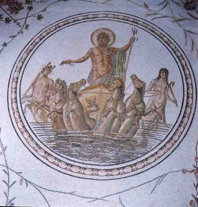 Neptun auf seinem Wagen, mit Hippokampen und Tritonen (Mosaik) von Unbekannt
