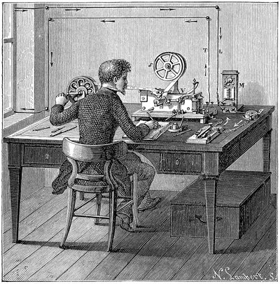 Operator empfängt eine Nachricht in Morsecode auf einem elektrischen Drucktelegrafen, 1887 von Unbekannt