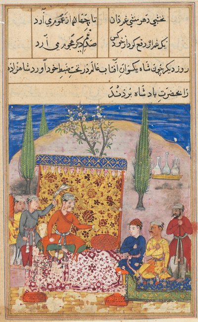 Seite aus den Geschichten eines Papageis Tuti-nama: Achte Nacht: Der junge Prinz wird vorgestellt..., 1558-1560 von Unbekannt