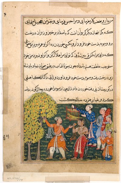 Seite aus Geschichten eines Papageis Tuti-nama: Neunte Nacht: Der König pflückt Früchte vom Baum..., ca. 156 von Unbekannt