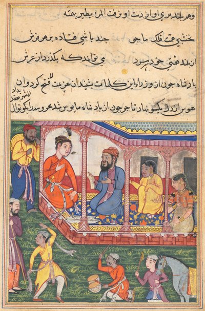 Seite aus Geschichten eines Papageis Tuti-nama: Sechsunddreißigste Nacht: Mahrusas Hochzeit..., um 1560 von Unbekannt