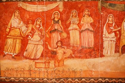 Pharao und die Kindheit des Moses, Fresko aus der Synagoge von Dura-Europos, 244-245, im Nationalmuseum von Damaskus, Foto im Jüdischen Museum New York von Unbekannt