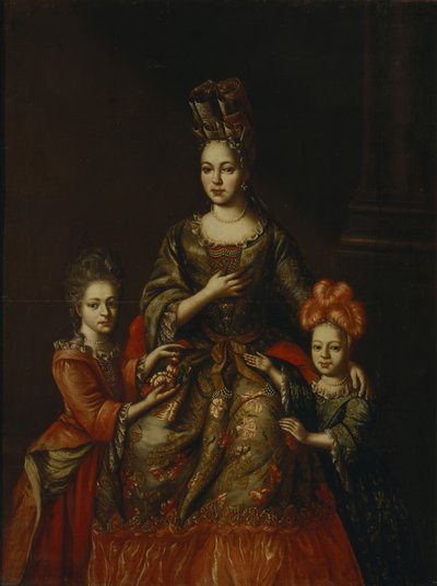 Porträt von Anastasiya Yakovlevna Naryshkina mit den Kindern Alexandra Kirillovna und Tatyana Kirillovna, frühes 18. Jahrhundert von Unbekannt