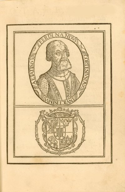 Porträt von Hernán Cortés mit seinem Wappen von Unbekannt