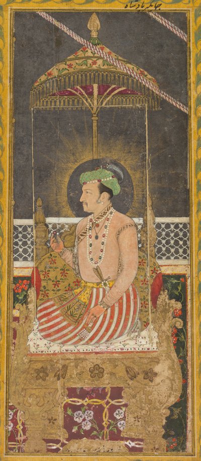 Posthumes Porträt von Kaiser Jahangir unter einem Baldachin recto, Kalligraphie verso, ca. 1650 von Unbekannt