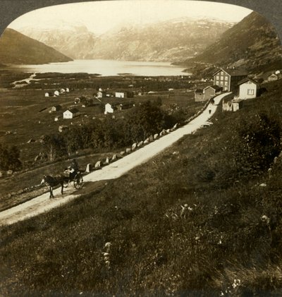 Hübsches bergumgebenes Dorf und See von Røldal im rauen Westnorwegen, um 1905 von Unbekannt