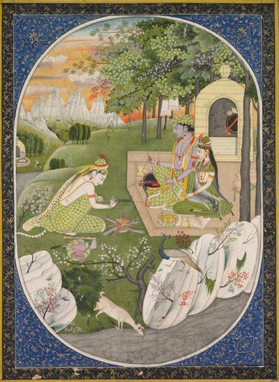 Rama, Sita und Lakshmana im Wald, Seite aus den Ramayana-Geschichten von Gott Rama, um 1830 von Unbekannt
