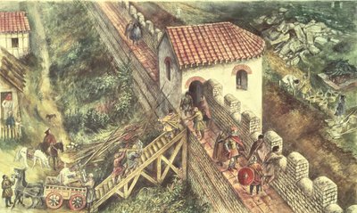 Römisches Bollwerk an der Stadtmauer, London, 4. Jahrhundert von Unbekannt