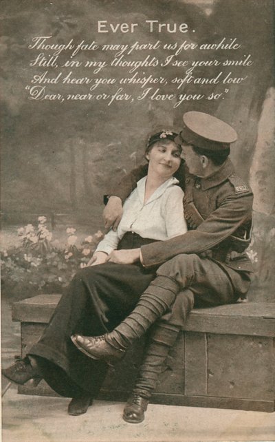 Romantische Postkarte mit einem Soldaten und seiner Geliebten, ca. 1914-18 von Unbekannt