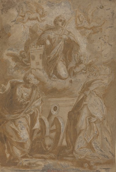 Heilige Barbara in Herrlichkeit mit den Heiligen Nikolaus und Hieronymus, zweite Hälfte des 16. Jahrhunderts von Unbekannt
