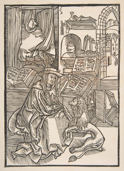 Heiliger Hieronymus zieht einen Dorn aus dem Fuß des Löwen, Lyon 1508 Kopie, n.d. von Unbekannt