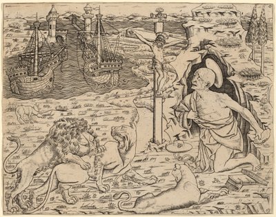 Heiliger Hieronymus in Buße, mit zwei Schiffen in einem Hafen, ca. 1480-1500 von Unbekannt
