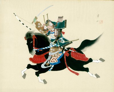 Samurai-Krieger reitet ein Pferd. Ein japanisches Gemälde auf Seide im traditionellen japanischen Stil von Unbekannt