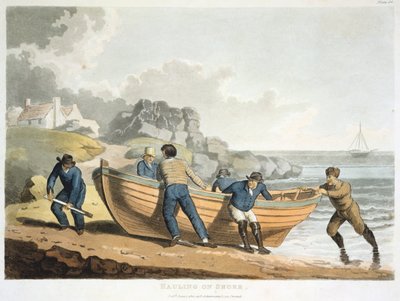 Seeleute ziehen ein klinkergebautes Dingi an Land, 1821 von Unbekannt