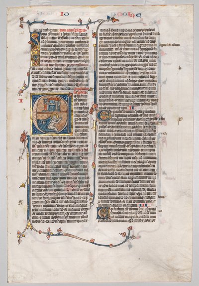 Einzelblatt aus einer Bibel: Initiale E[t factum est] mit Jona, der vom Wal verschlungen wird, um 1290 von Unbekannt