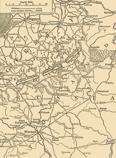 Skizzenkarte zur Veranschaulichung des deutschen Angriffs nördlich von Warschau im Februar 1915, um 1920 von Unbekannt