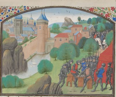 Soldaten spielen Würfel vor der Stadt Caesarea. Miniatur aus der Historia von Wilhelm von Tyrus von Unbekannt