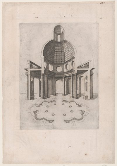 Speculum Romanae Magnificentiae: Innenraum und Grundriss eines achteckigen Tempels, 16. Jahrhundert von Unbekannt
